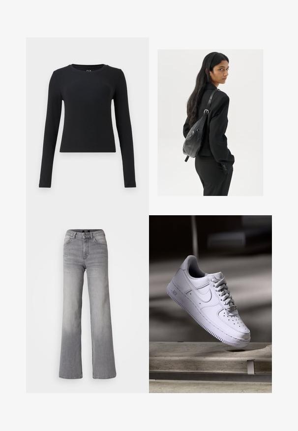 Black long-sleeve top, crew neckline, ribbed texture, fitted design, and cropped length. No patterns or visible hardware details.; High-waisted straight-leg gray denim jeans with front button and zipper, front and back pockets, and faded shading on thighs and calves.; Nike Sportswear AIR FORCE 1 07 - Trainers - white; Woman with long dark hair wearing a black suit, carrying a black leather shoulder bag, looking over her shoulder against a white background.