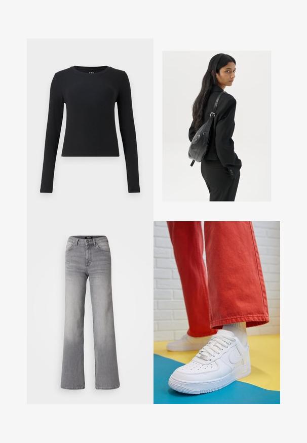 Black long-sleeve top, crew neckline, ribbed texture, fitted design, and cropped length. No patterns or visible hardware details.; High-waisted straight-leg gray denim jeans with front button and zipper, front and back pockets, and faded shading on thighs and calves.; White leather sneaker with perforated toe box, textured sole, and white laces, paired with wide red pants and a blue and yellow background.; Woman with long dark hair wearing a black suit, carrying a black leather shoulder bag, looking over her shoulder against a white background.