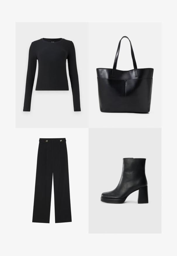 Camisola preta de manga comprida, decote redondo, textura canelada, design ajustado e comprimento cropped. Sem padrões ou detalhes de hardware visíveis.; Calças largas pretas com cintura alta, detalhes em botão na cintura e pregas frontais.; Bota de couro preta até ao tornozelo com salto bloco e sola com plataforma, vista de lado sobre um fundo branco liso.; Bolsa tote preta em couro com duas alças longas, textura suave e forma estruturada. Apresenta um bolso frontal para armazenamento adicional.