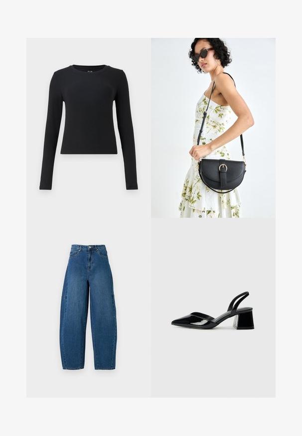 Mustapaita pitkillä hihailla, pyöreä pääntie, ribbiepintaisuus, istuva malli ja lyhyt pituus. Ei kuvioita tai näkyviä varusteita.; Denim-housut keskipitkässä sinisessä pesussa, joissa on korkea vyötärö, leveä lahje ja standardi viiden taskun muotoilu näkyvillä ompeluyksityiskohdilla.; Mustat patentoitu nahkakengät, joissa on säären takaosa ja terävä kärki, sekä geometrinen palikkakorko. Sisältää tyylikkään, minimalistisen muotoilun ja sileän pinnan.; Musta nahkainen käsilaukku, joka on kaareva muotoilultaan, irrotettavalla hihnalla ja kultaisilla yksityiskohdilla. Laukussa on läppä, jossa on solk yksityiskohta.