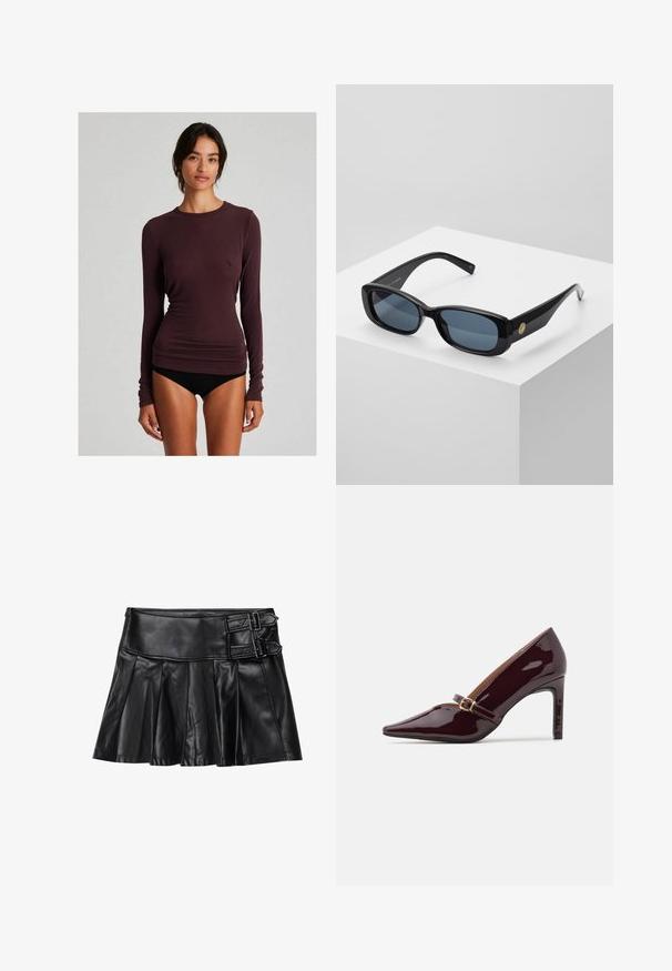 Fioletowa bluzka z długim rękawem wykonana z miękkiego materiału, charakteryzująca się dopasowanym krojem, okrągłym dekoltem i gładką fakturą. Brak widocznych wzorów lub akcentów.; Czarna skórzana spódnica z plisami, szerokim pasem i dwoma detalami w postaci klamer z boku. Gładka faktura o błyszczącym wykończeniu.; Patentowe bordowe szpilki z ostrym noskiem, paskiem na kostce z złotym wykończeniem oraz gładkim, wypolerowanym wykończeniem. Wysokobrożna szpilka.; Czarne prostokątne okulary przeciwsłoneczne z przyciemnionymi niebieskimi soczewkami, grubymi ramkami i złotym okrągłym akcentem po boku. Gładkie, błyszczące wykończenie.; Burgundowa torebka wykonana z materiału syntetycznego, o strukturalnym designie, z odpinanym paskiem i chustą w kwiatowy wzór związaną na uchwycie.