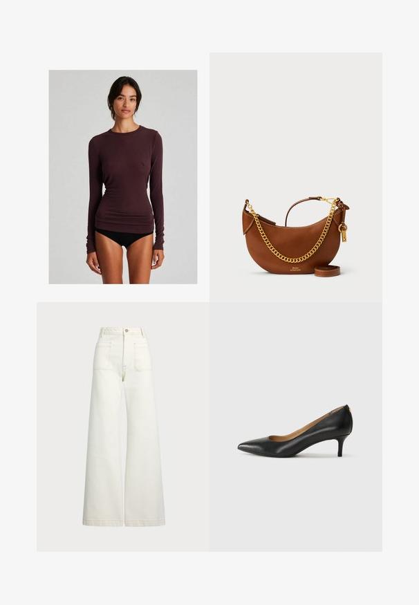 Long-sleeve purple top made of soft fabric, featuring a fitted design, crew neckline, and smooth texture. No visible patterns or accents.; Wide-leg jeans in off-white denim. High-waisted design with a button closure, two front pockets, and contrast stitching details.; Black leather pump with a pointed toe, low heel, and a smooth texture. Features a slight opening at the front and minimal hardware at the back.; Brown leather handbag with a curved design, gold chain strap, interior pocket, and a detachable shoulder strap. Features contrasting stitching.