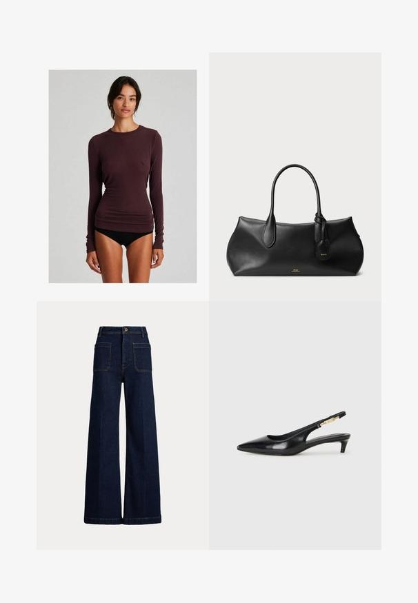 Ženska majica z dolgimi rokavi v vijolični barvi, izdelana iz mehkega materiala, z oprijetim krojem, okroglim izrezom in gladko teksturo. Brez vidnih vzorcev ali dodatkov.; Široke temno modre jeans hlače z visoko pasu, pet žepov in kontrastnim šivanjem. Imajo gumb za zapiranje in strukturno obliko.; Črne usnjene sandale na peto z ostro konico, ki imajo tanko peto in zlat ton na nastavljivem traku. Gladka tekstura.; Črna usnjena torbica z gladko teksturo, zaobljeno obliko, dvema ročajema in majhno oznako pritrjeno nanjo. Diskreten logotip blagovne znamke v zlati barvi na sprednji strani.