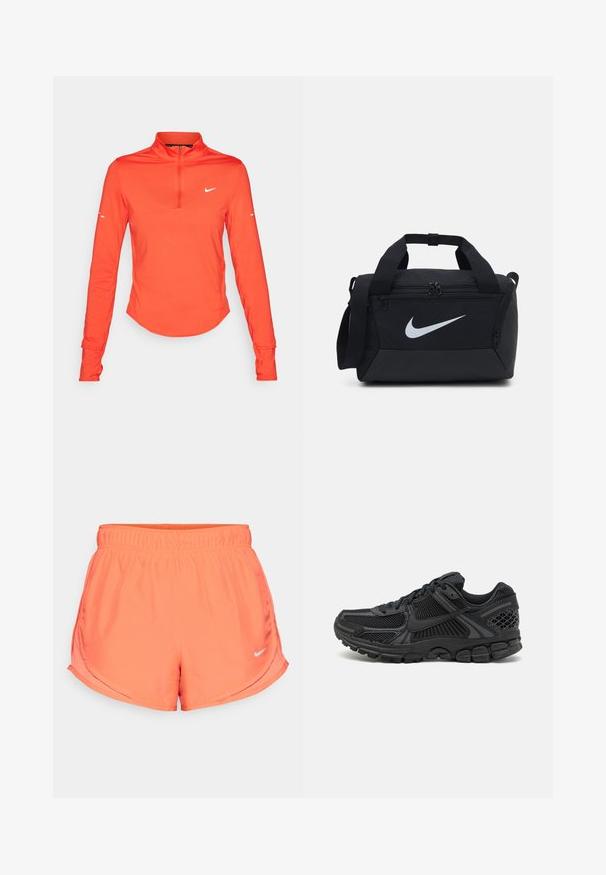 Dlouhý rukáv sportovní top v oranžové barvě s polovičním zipem, hladká textura, s bílým logem na hrudi a na rukávu.; Korálové Nike šortky mají elastický pas, boční záhyby pro pohyblivost a malé stříbrné logo na dolním pravém cípu. Hladká, lehká tkanina.; Černá sportovní bota s síťovinovým svrškem, gumovou podrážkou a texturovanými akcenty. Design zahrnuje výrazný systém šněrování a polstrovanou podrážku.; Černá sportovní taška z hladké tkaniny, se dvěma zipovými přihrádkami, polstrovanými rukojeťmi a velkým bílým logem Nike na přední straně.