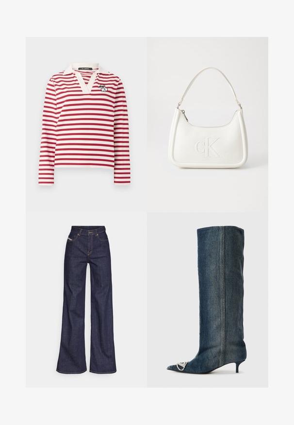 Dugih rukava polo majica u crveno-bijele pruge s V-izrezom i malim crno-bijelim vezom nacrtanog psa na prsima.; Tamno plave široke traperice s visokim strukom, izrađene od denim tkanine, s narančastim šavovima, pet džepovima i kopčanjem na dugme.; Traper čizma do koljena sa špicastim vrhom, srebrnim ukrasima, tankom petom i glatkim, teksturiranim završetkom.; Bijela kožna torba s zakrivljenim oblikom, koja na prednjoj strani ima utisnut logotip "CK" i jedan remen za nošenje preko ramena. Zatvaranje na munju na vrhu.