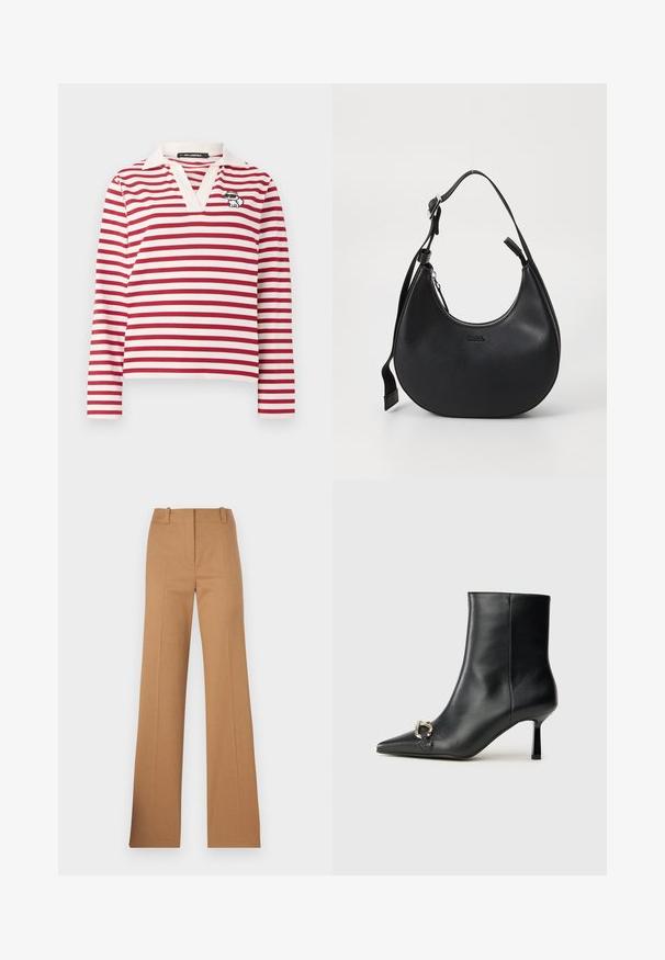 Piros és fehér csíkos, hosszú ujjú póló V-nyakkal és fehér gallérral. A bal oldalon egy kis hímzett macska minta található.; HUGO HULANA - Vászonnadrágok - open brown; Fekete bőr bokacsizma hegyes orral, vékony közép magasságú sarokkal és ezüst csattal az oldalon, sima háttér előtt.; Fekete bőr válltáska ívelt formával, cipzáros záródással és állítható pánttal. Az elején letűzött márkázott logóval rendelkezik.
