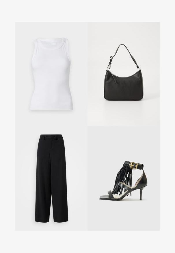 White ribbed tank top with a round neckline and sleeveless design. Material appears smooth with a fitted silhouette. No visible patterns or accents.; Black wide-leg trousers made of smooth fabric, featuring a flat-front design, pleated details, and belt loops at the waistband.; Black high-heeled sandal with fringed detail, ankle strap featuring gold hardware, flat square toe, and two crossing straps across the vamp.; Black leather handbag with a curved shape, a single strap, zip closure, and subtle branding on the front. Smooth texture, minimalist design.
