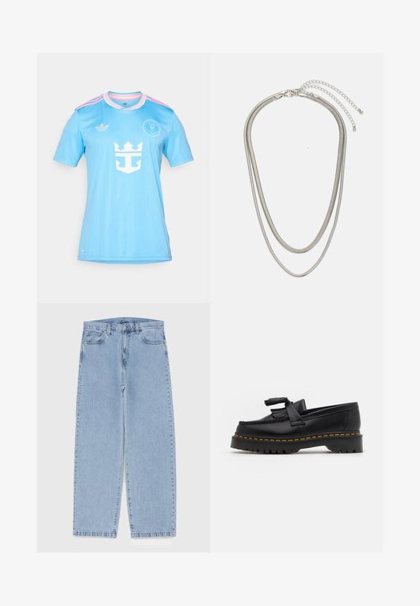 adidas Originals INTER MIAMI CF 2025 THIRD JERSEY MESSI - Klubbklær - semi blue burst; Lyseblå denimjeans med rett ben-design, med mid-rise liv, fem lommer og knap og lynlås lukning.; Svart skinn loafers med en kvastdetalj, med en tjock svart sula och gul sömnad längs kanten. Texturerad yta.; Tre-lags sølvmetallkjede med elegante, fleksible kjeder med en svak glans, sikret med en krabbe-lås og justerbar kjede.