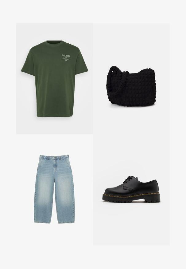 Zöld pamut póló, kerek nyakkivágással, rövid ujjakkal, fehér nyomtatott szöveggel a bal felső oldalon. Sima tapintású, laza szabású.; Világoskék farmer, bő szárú nadrág magas derékkal, letisztult dizájnnal, enyhe kopásokkal és egyenes szabással. Elöl gombos záródással és övtartókkal rendelkezik.; Fekete bőr, fűzős cipő lekerekített orral, texturált gumitalppal és sárga varrással az alján. Lapos design és sima felület.; Fekete szövet táska texturált, steppelt mintával. Kerek formájú, rövid, vastag fogantyúkkal és puha, rugalmas szerkezettel.