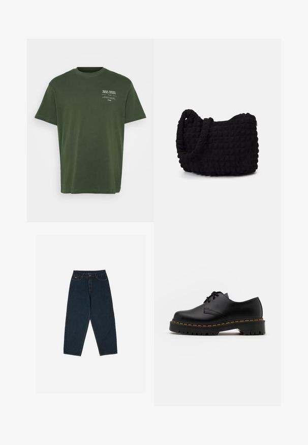 Green cotton t-shirt with a crew neck, short sleeves, and printed text in white on the upper left side. Smooth texture, relaxed fit.; Dark blue high-waisted jeans with a relaxed fit, featuring five pockets and a button closure. Made from denim with a smooth texture.; Black leather lace-up shoe with a rounded toe, textured rubber sole, and yellow stitching around the base. Flat design and smooth finish.; Black fabric bag with a textured, quilted pattern. Rounded shape, short, thick handles, and a soft, flexible structure.