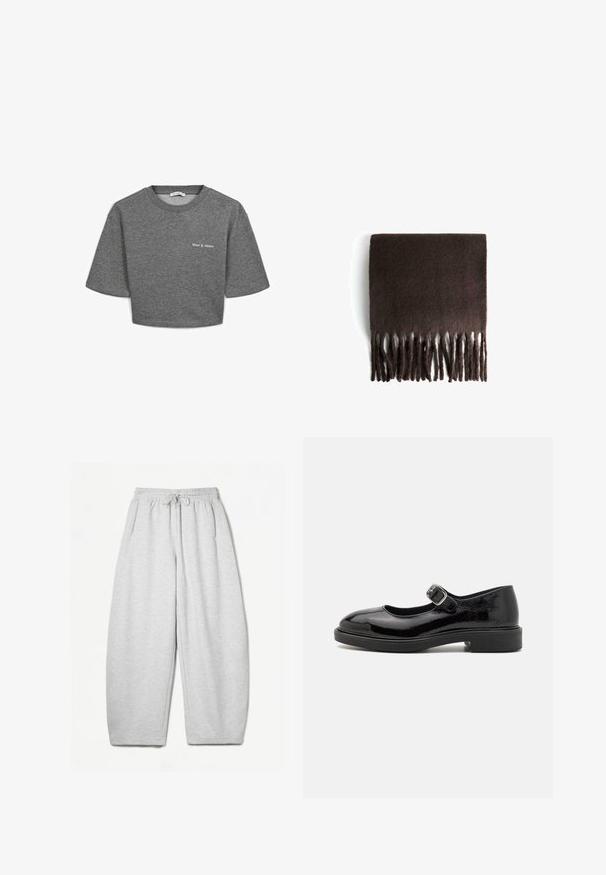 Maglietta grigia cropped realizzata in tessuto morbido, con maniche corte e collo rotondo. Il testo frontale dice "Rise & Shine" in bianco.; Pantaloni della tuta grigio chiaro con una vestibilità rilassata, vita elasticizzata, cordoncino e tasche laterali; realizzati in un morbido tessuto testurizzato.; Scarpa Mary Jane in vernice nera con punta tonda, cinturino regolabile con fibbia, tacco a blocco basso e finitura liscia e lucida.; Sciarpa in lana marrone con una texture morbida, forma rettangolare e bordi frangiati. Il materiale appare caldo e accogliente, progettato per il comfort.