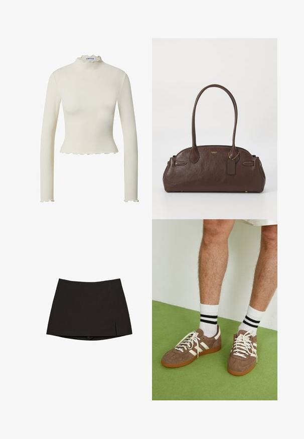 Witte geribbelde top met lange mouwen en een gerimpelde col, verkorte lengte en een aansluitend ontwerp, met een textuurstof en geschulpte zomen.; Zwarte minirok gemaakt van gladde stof, met een rechte snit, zijopeningen en een nette zoom. Eenvoudig en veelzijdig.; Bruine suède sneakers met witte accenten en veters. Rubberen gumzool. Draag met witte sokken met zwarte strepen. Groene gestructureerde vloer.; Bruine leren handtas met een gladde textuur, ronde vorm en dubbele hengsels. Bevat een gouden logo en een klein label dat eraan vastzit.