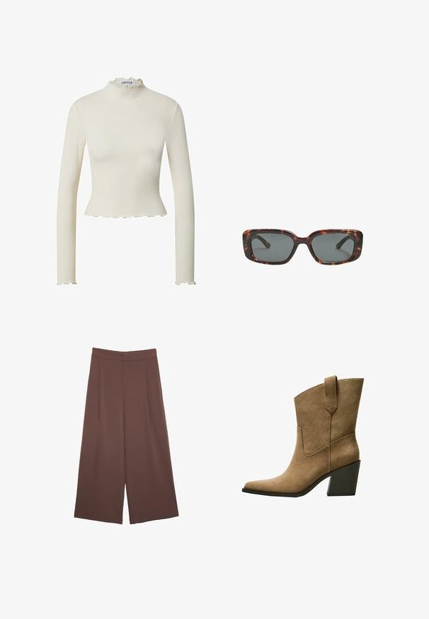 Witte geribbelde top met lange mouwen en een gerimpelde col, verkorte lengte en een aansluitend ontwerp, met een textuurstof en geschulpte zomen.; Bruine wijde broek met een gladde textuur, voorzien van een hoge taille en plooien aan de voorkant. De stof is lichtgewicht en valt losjes.; Bruine suède cowboylaarzen met een puntenneus, voorzien van een middelhoog blokhak en eenvoudige stiksel langs de zijnaad.; Schildpad zonnebril met rechthoekige glazen, dikke monturen en donkere glazen. Glad oppervlak en minimalistisch ontwerp.