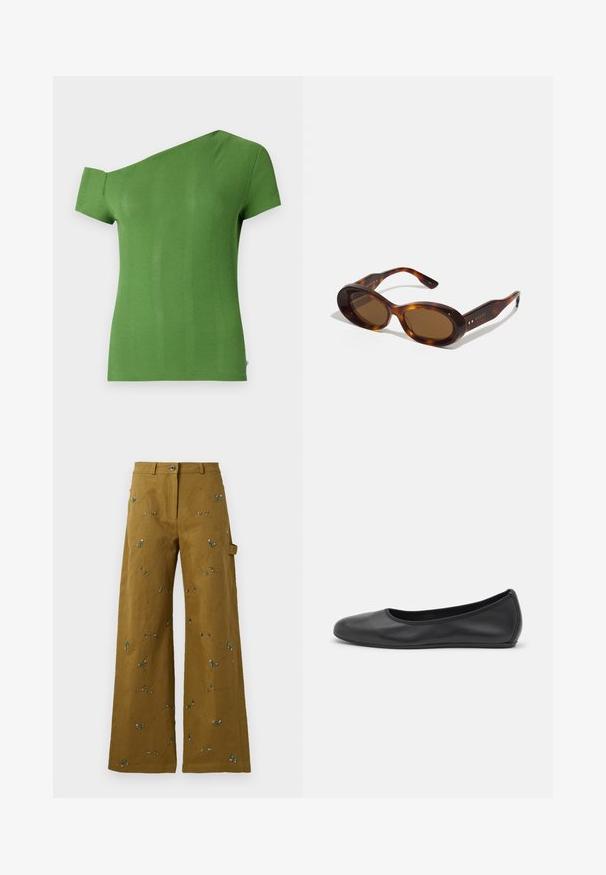 Grøn ribbet t-shirt med design til én skulder. Kort ærme på den ene side og tætsiddende snit. Glat tekstur og mellemlangt sømkant.; Viddebukser i olivengrøn stof med blomsterbroderi. Har en knaplukning og sidelommer. Struktureret stikningsdetalje overalt.; Sort læderballetsko med rund tå, glat tekstur, minimal syning og et fleksibelt såldesign.; Skildpaddeskals-solbriller med ovale linser, brun nuance, og gyldne detaljer på stængerne. Kraftige rammer med en blank overflade og glat tekstur.
