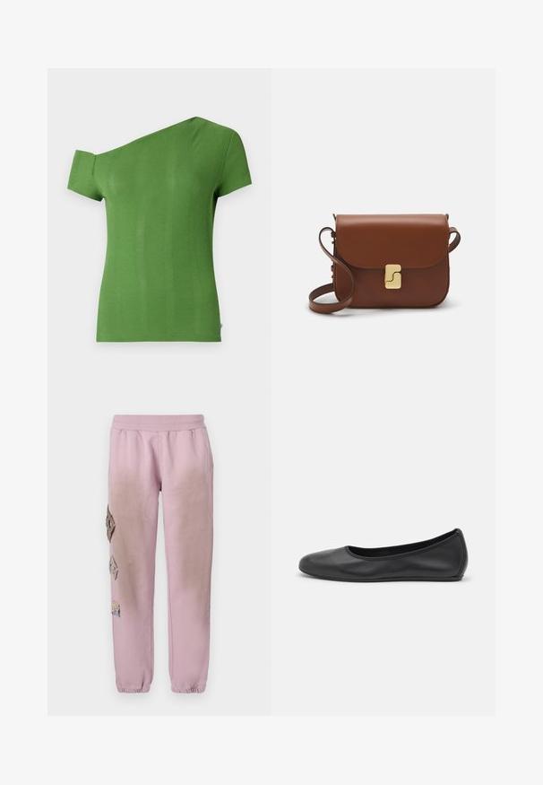 Zelené rebrované tričko s dizajnom na jednom ramene. Krátky rukáv na jednej strane a priliehavý strih. Hladká textúra a stredne dlhý spodný lem.; Ružové tepláky s elastickým pásom, s ozdobnými nášivkami v tvare diamantu na ľavej strane a elastickými manžetami na členkoch.; Čierne kožené baleríny s okrúhlou špičkou, hladkým povrchom, minimálnym prešívaním a flexibilným dizajnom podrážky.; Hnedá kožená kabelka s klopou, zlatými kovovými prvkami, ramenným popruhom a hladkým povrchom. Kompaktný obdĺžnikový tvar.