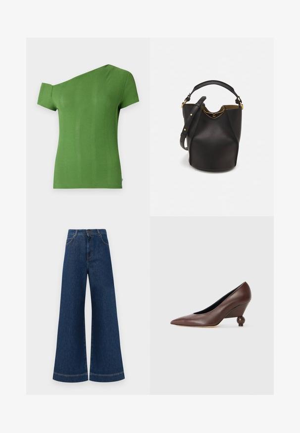 Green ribbed t-shirt with a one-shoulder design. Short sleeve on one side and fitted cut. Smooth texture and mid-length hem.; Wide-leg blue denim jeans with a high waist, featuring a button closure, belt loops, and subtle stitching details along the pockets and hems.; Brown leather wedge pump with a pointed toe and a rounded, ball-shaped heel. Smooth texture with a simple design and minimal accents.; Black leather bucket bag with a textured finish, gold hardware accents, and an open top. Features a short handle and adjustable shoulder strap.