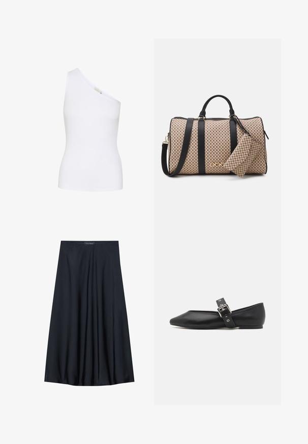 Asymmetrisk vit ribbad tanktopp med design för en axel. Slät textur, åtsittande form och inga synliga mönster eller hårdvarudetaljer.; Svart, knälång kjol i lättviktsmaterial med ett flowy design. Har en mjuk textur och subtila veck för extra detalj.; Svart läderplatt sko med spetsig tå, sidrem med ett silverfäste, och en låg klack. Slät textur och minimalistisk design.; Duffelväska med en beige mönstrad yta, svarta läderremmar, guldfärgad hårdvara och en liten matchande ficka fäst. Strukturerad design.; Guldtonad rektangulär armbandsklocka med en vit urtavla, silvertonade timmarkörer och ett hållbart metallarmband. Vattentålig funktion ingår.