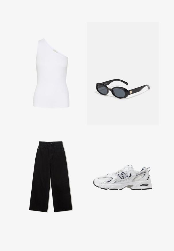 Asymetrický bílý žebrovaný top na jedno rameno. Hladká textura, přiléhavý tvar a žádné viditelné vzory nebo detaily hardware.; Černé džínové kalhoty s širokými nohavicemi a vysokým pasem, s pěti kapsami a jedním knoflíkem na přední straně.; Bílé sportovní boty s textilním svrškem, námořnickými akcenty a polstrovanou podrážkou. Obsahují logo "N", tkaničky a texturovaný detail na boku.; Černé oválné sluneční brýle s tmavými skly, lesklým plastovým rámem, širokými stranami a malým zlatým detailem na jedné straně.