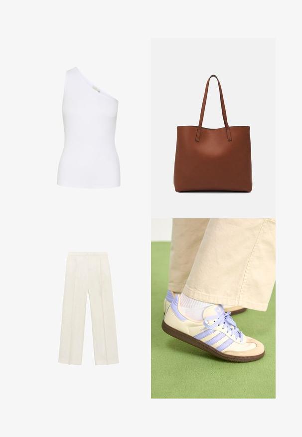 Asymmetrical white ribbed tank top with one shoulder design. Smooth texture, fitted shape, and no visible patterns or hardware details.; Wide-legged trousers in a light cream color. Made from a smooth fabric with pleats at the front and side pockets.; Cream and lavender sneakers with three stripes and a textured brown sole, featuring laces and a padded heel. Soft fabric upper.; Brown leather tote bag with a smooth texture, open top design, and two shoulder straps. Features minimal stitching and no visible hardware.