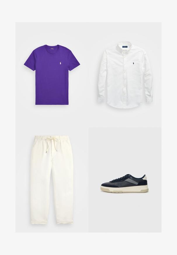 Polo Ralph Lauren CUSTOM SLIM FIT JERSEY CREWNECK T-SHIRT - T-shirts - purple cactus; Hvit skjorte med knapper laget av bomull. Har spiss krage, lange ermer og en liten marineblå logo på brystet. Glatt tekstur.; Lys kremfargede, casual bukser laget av mykt stoff. Har elastisk midjebånd med snøring, og en tapered ben-design.; BOSS BALTIMORE - Joggesko - open blue