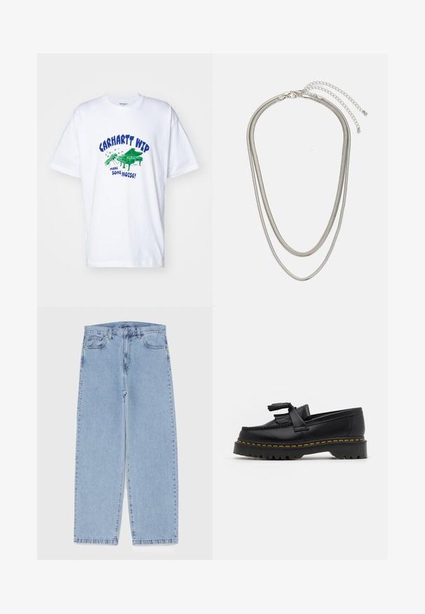 Carhartt WIP NOISE - Potiskana majica - white; Svijetloplave traperice s ravnim nogavicama, srednjeg struka, pet džepova te zatvaranjem na gumb i munju.; Črne usnjene loafersice s kaširanim naglasom, z debelim črnim podplatom in rumenim šivom ob robu. Teksturirana površina.; Tri-slojni srebrni kovinski ogrlica z elegantnimi, fleksibilnimi verigami z rahlim leskom, varovana z zaponko s katero se zaključi in nastavljivo verigo.
