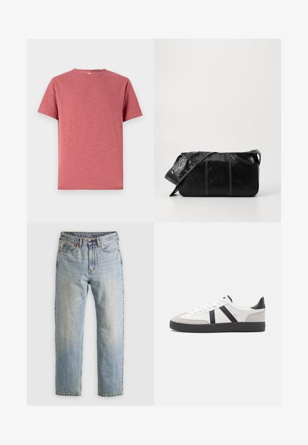 Īsām piedurknēm, apaļo kakla izgriezumu T-krekls bālganā rozā krāsā, izgatavots no mīksta kokvilnas auduma ar gludu tekstūru un vienkāršu dizainu.; Gai zila denima bikses ar augstu jostasvietu, priekšējo pogu, rāvējslēdzēju un piecu kabatu dizainu, izlīdzinātas uz neitrāla fona.; Baltas sneakeris ar melniem un pelēkiem akcentiem, kuram ir teksturēts pelēks purngals, melna gumijas zole un plakanas baltas šņores. Tīrs dizains, minimālisma stils.; Melnas ādas plecu soma ar rāvējslēdzēja aizdari, ar teksturētu virsmu, baltu dūrienu un siksnu ar sudraba iekavām.