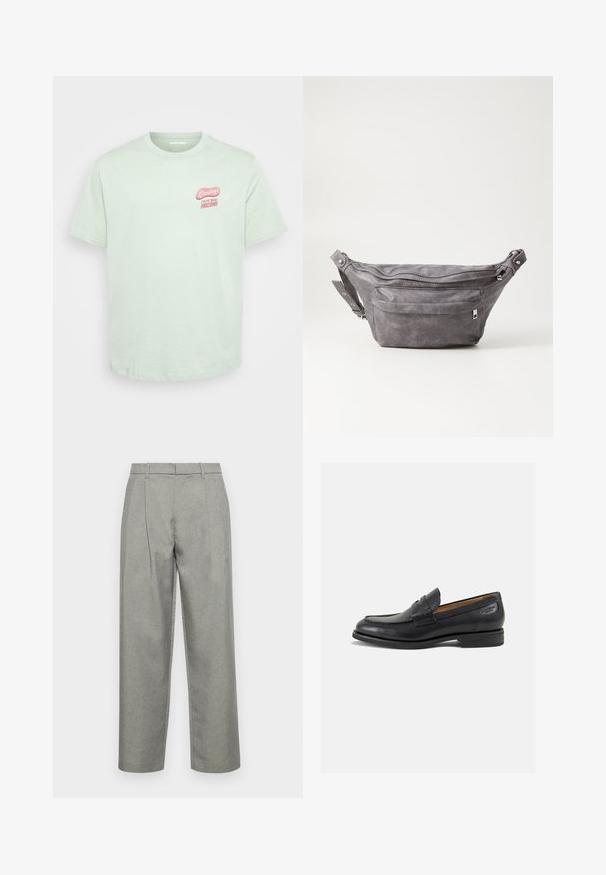 Šviesiai žalia medvilninė marškinėliai su trumpomis rankovėmis, apvaliu kaklu ir rožiniu „Sveikinimai iš Arizonos“ grafiku kairėje krūtinės pusėje.; Pilkos pritaikytos kelnės, pagamintos iš tekstūruoto audinio, su tiesiais keliamos dizainu, priekinėmis klostėmis ir standartiniu juosmeniu su diržo kilpomis.; Juodi odiniai loafersai su lygiu paviršiumi, apvaliu pirštu ir dekoratyvine siūlė viršuje. Žemas sustiprintas kulnas ir lengvas blizgesys.; Pilkas suedes fanny pack'as apvalios formos, su dviem užtraukiamais skyreliais ir reguliuojama diržele. Yra metaliniai aksesuarai.