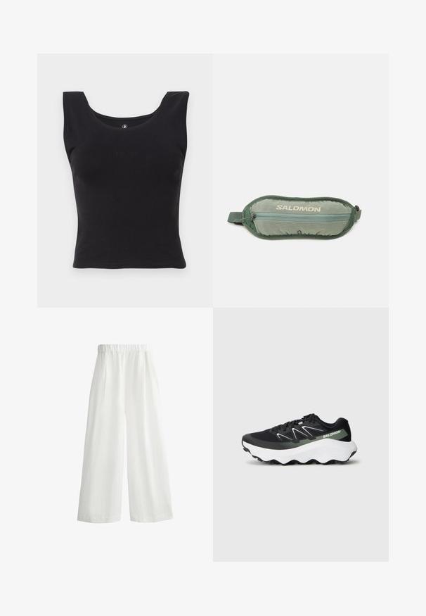 Sort ærmeløs tanktop lavet af bomuld, med en scoop halsudskæring og en tætsiddende pasform. Diskret præget 'Volcom' logo på forsiden.; Hvide, vide bukser med elastisk talje, der har frontplisseringer og et let, tekstureret stof.; Sort sportsko med overdel i mesh, hvide og lysegrønne detaljer, en polstret hvid sål og et struktureret greb på ydersålen.; Salomon ACTIVE SLING BELT - Bæltetasker - laurel wreath