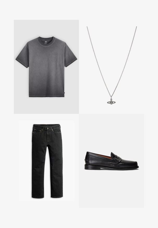 T-shirt de algodão cinza com decote redondo, mangas curtas e detalhe de logotipo discreto no peito. Textura suave e corte descontraído.; Jeans de ganga pretos com perna reta, cinco bolsos, cintos e um fecho de botão na cintura, deitados sobre um fundo branco.; Mocassins de couro preto com acabamento liso, bico arredondado e uma faixa decorativa na parte superior. Apresentam uma sola preta baixa.; Colar de corrente prateada com um pendente detalhado em forma de planeta, adornado com pequenos detalhes e padrões intrincados.
