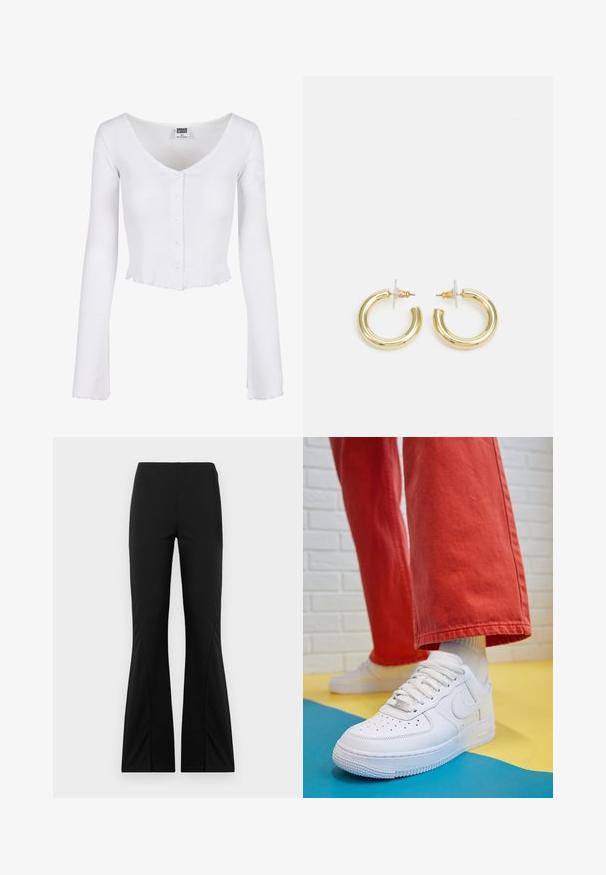 Tricou alb cu maneci lungi, croptop, cu decolteu adânc în V, detalii cu nasturi pe față și margine ondulată. Fabricat dintr-un material moale și elastic.; Pantaloni negri evazați dintr-un material elastic, cu o textură fină, croi ajustat și design cu tiv despicat.; Tenis alb din piele cu fanta pe vârful piciorului, talpă texturată și șireturi albe, purtat cu pantaloni larga roșii și un fundal albastru și galben.; Cercei cercuri din aur cu un finisaj neted și strălucitor. Design circular cu un mic suport și un spate transparent pentru o purtare sigură.