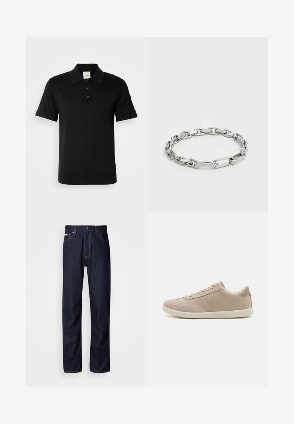 Melns polo krekls, kas izgatavots no kokvilnas maisījuma, ar klasisko apkakli, trīs pogu slēgšanu un smalku logotipu detaļu uz krūtīm.; Tumši zilie džinsi ar taisnas kājas piegriezumu, ar pogu aizdari, pieciem kabatām un kontrastējošām aizšuvēm.; Bežīgas kedas ar suede un kanvas materiālu kombināciju, ar auklām, apaļu purngalu, teksturētu zoli un subtilu zīmola logotipu sānos.; Sudraba ķēdes rokassprādze ar ovālas un taisnstūra formas posmiem, kuriem ir gluda virsma. Iegravēts Calvin Klein logo plaknajā posmā.