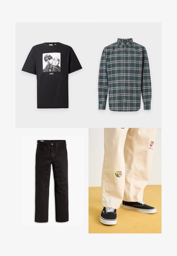 Black cotton t-shirt featuring a square white graphic of two figures, logo reading "oasis" underneath the image. Short sleeves, crew neck.; Green flannel shirt with a plaid pattern featuring blue, white, and mustard yellow lines. Buttoned front and pointed collar. Long sleeves.; Black straight-leg denim jeans with five pockets, button closure, and belt loops, laid flat on a white background.; Beige cotton pants with playful embroidered designs including a pink character and colored block, paired with black lace-up sneakers.