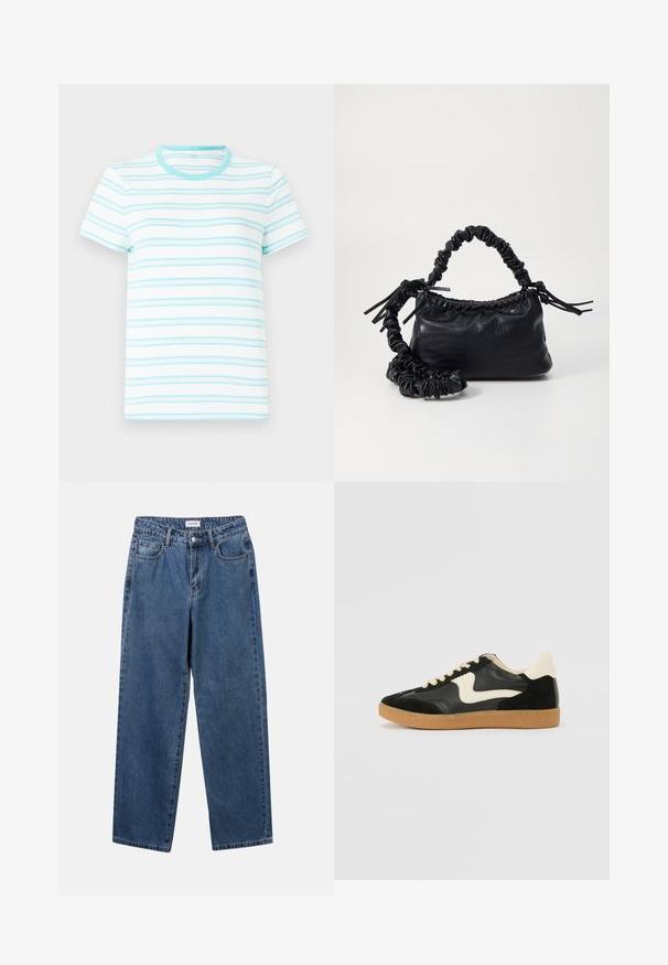 Tričko s krátkým rukávem vyrobené z lehké tkaniny, s vodorovnými světle modrými pruhy na bílém pozadí a odpovídajícím kulatým výstřihem.; Klasické modré džíny z denimu se střihy rovné nohy, pěti kapsami a zapínáním na knoflík. Mají střední odstín a odolnou texturu.; Černé semišové a kožené tenisky s krémovým postranním swooshem a světlým krémovým podpatkem. Mají béžové tkaničky a podešev z gumové pryže.; Černá kabelka z umělé kůže s krokodýlím vzorem, staženým vrškem a zmačkaným popruhem. Zdá se, že má měkký a kompaktní design.