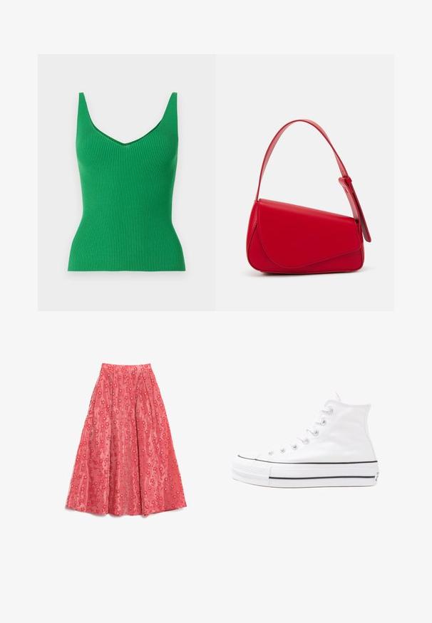 Grønn ribbet tanktop med V-hals og brede skulderstropper. Glatt tekstur, tettsittende design, og en ensfarget uten mønstre eller utsmykninger.; Blomstrete bluse med lange pufferm, lys kremfarge, med lilla, oransje og grønne blomster mønstre, og klassisk kragedesign.; Flytende korallfarget maxiskjørt laget av teksturert stoff, med et blomsterdesign med små hvite detaljer og legg for volum.; Hvit høy-skinn kanvas sneakers med svart gummisåle, gummitåhette foran og seks hull for snorer, med et rent, minimalistisk design.; Rød lærveske med en vinklet, geometrisk design. Har en enkelt justerbar stropp og en klaffelukking med sydd detaljer.