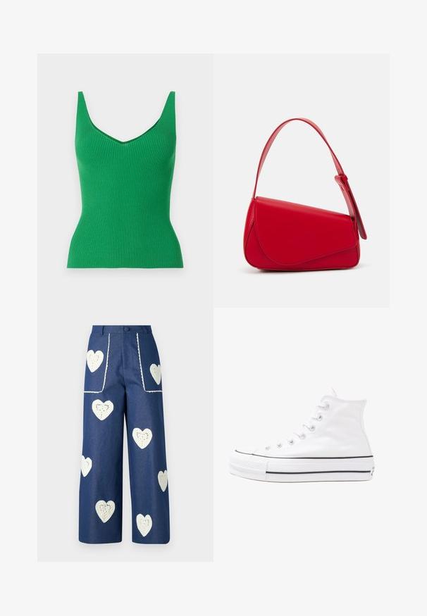 Camisola verde canelada sem mangas com decote em V e alças largas. Textura suave, design ajustado e cor sólida sem padrões ou adornos.; Sister Jane HEART TO HEART - Calças de ganga de perna direita - blue denim; Sapatilha alta de tela branca com sola de borracha preta, bico de borracha na frente e seis ilhós para os atacadores, apresentando um design limpo e minimalista.; Bolsa de mão em couro vermelho com um design angular e geométrico. Apresenta uma única alça ajustável e um fecho com aba, com detalhes cosidos.