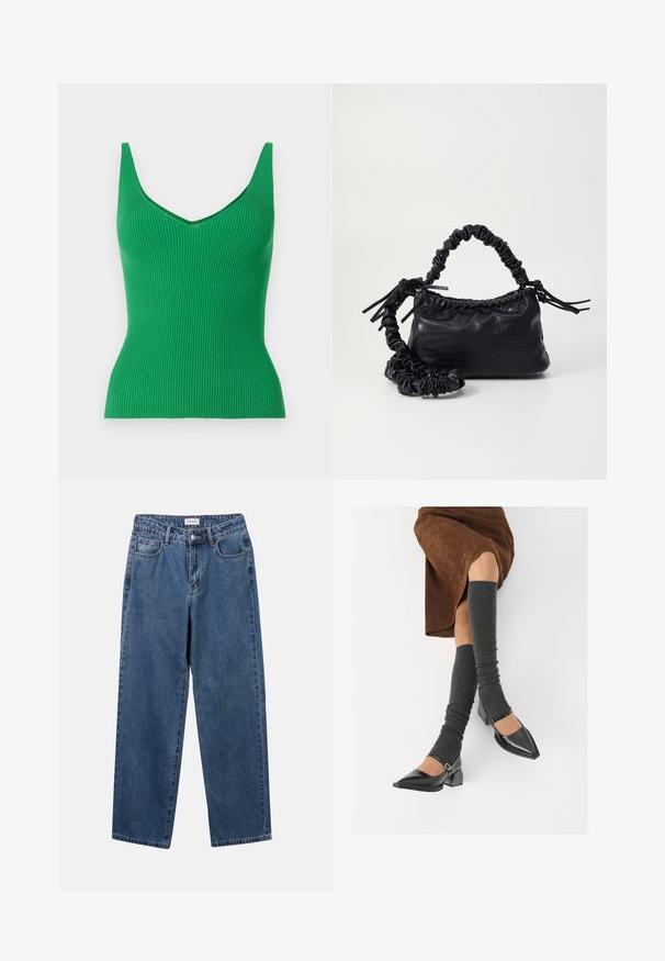 Roheline ribakujuline tank top V-dekolteega ja laiade õlapaeltega. Sile tekstuur, suhteliselt kehaülendav disain ning ühtlane värv ilma mustrite või kaunistusteta.; Klassikalised sinised denimists teksad otsejalaga disainiga, viie taskuga ja nööbisuletusega. Omab keskmist pesu ja tugevat tekstuuri.; Mustad patsaline odav värviga kingad, millel on kreen ja pahkluuring, on paaritatud hallide ribakudumitega sääremiidega ja pruunist nahast seelikuga.; Must must sünteetilisest nahast käekott, millel on krokodillimuster, kokku tõmmatav ülaosa ja kortsus rihm. Tundub pehme ja kompaktne disain.