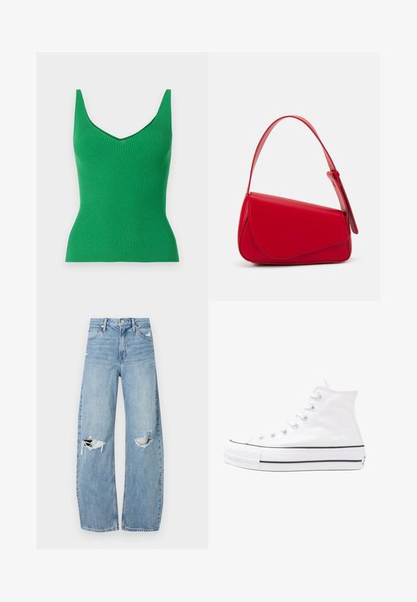 Top verde cu dungi, cu decolteu în V și bretele late. Textură netedă, design ajustat și o culoare solidă, fără modele sau elemente decorative.; Jeans de denim, de un bleu deschis, cu talie înaltă. Au picioare late, două zone rupte la genunchi și un stil clasic cu cinci buzunare.; Adidași albi tip pantofi sport cu glezna din pânză, cu talpă din cauciuc negru, capac de vârf din cauciuc frontal și șase ochiuri pentru șireturi, având un design curat și minimalist.; Geantă de mână din piele roșie, cu un design unghiular și geometric. Dispune de o singură curea ajustabilă și un sistem de închidere cu clapetă, cu detalii cusute.