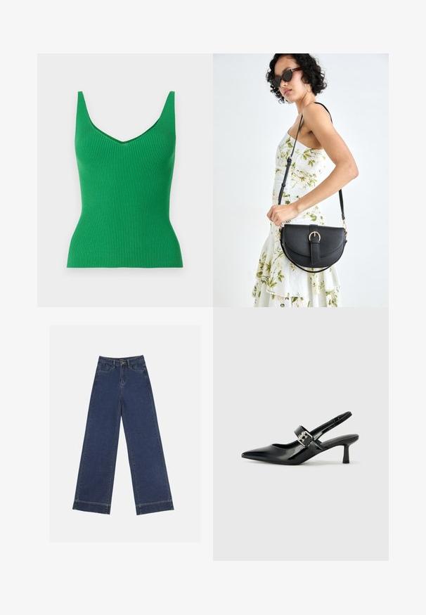 Roheline ribakujuline tank top V-dekolteega ja laiade õlapaeltega. Sile tekstuur, suhteliselt kehaülendav disain ning ühtlane värv ilma mustrite või kaunistusteta.; Laiad püksid tumedast sinisest denimist. Omab viit taskut, vöölõke ja toore äärega allosas, kus on nähtavad õmblused.; Mustad patenteeritud nahast sildiga kontsad, millel on terav nina ja väike plokk-konts, mille rihmal on hõbedane pandla aksessuaar.; Mustmust mustraha kõverate joontega, eemaldatava rihmaga ja kuldsete detailidega. Kotil on klapp, millel on pandladetail.