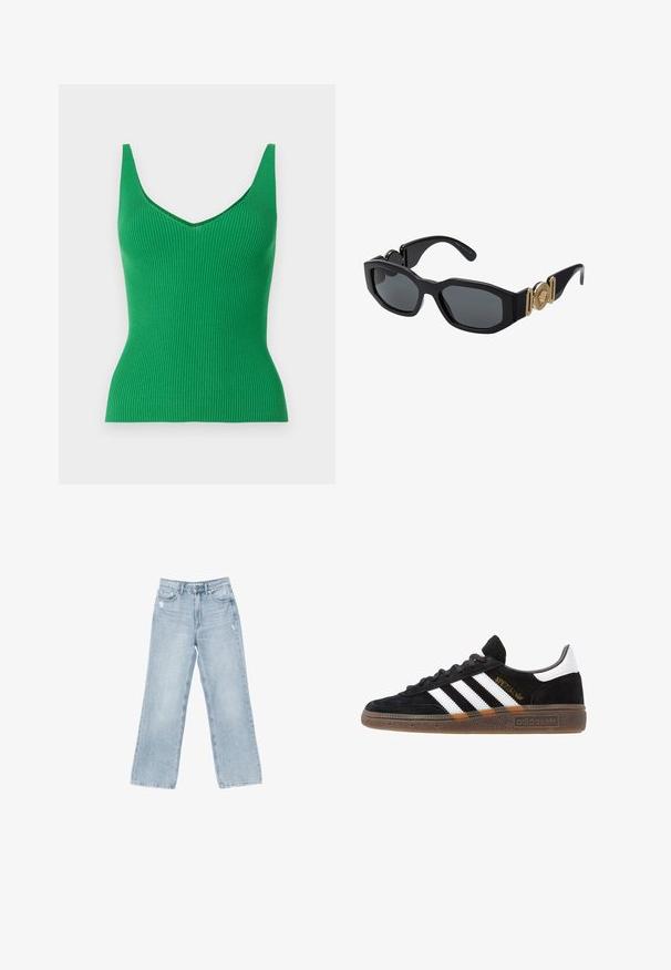 Zeleni rebrasti top sa V-izrezom i širokim naramenicama. Glatka tekstura, uski dizajn i jednobojna boja bez uzoraka ili ukrasa.; Svijetlo plave traperice širokog kroja, s istrošenim detaljima, dizajnom s pet džepova i zatvaranjem na munju.; Crni Adidas tenisice s bijelim prugama, zlatnim natpisom "Spezial", gumeni potplat i bijeli oznaka na peti, prikazane u bočnom pogledu.; Crne sunčane naočale s debelim geometrijskim okvirom, tamnim lećama i zlatnim metalnim detaljima na sljepoočnicama koji uključuju okrugli amblem.