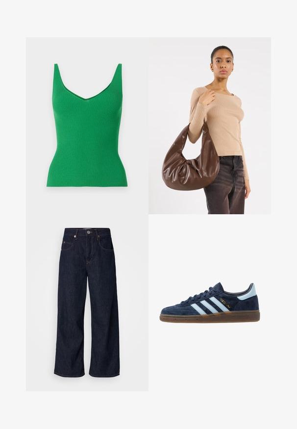 Roheline ribakujuline tank top V-dekolteega ja laiade õlapaeltega. Sile tekstuur, suhteliselt kehaülendav disain ning ühtlane värv ilma mustrite või kaunistusteta.; Tumed jalgadega teksad sügavas sinises, millel on kõrge vöökoht, kaks esimest taskut, nööbiga sulgemine ja kontrastsete õmblustega.; Tumesinine sametist Adidas tennis, helesiniste triipudega, kummist tallaga, helesinise kandetabiga ja kuldse "Spezial" brändimisega küljel.; Pruuni nahkainen hobo-kassi, millel on lohisev disain ja sile tekstuur. Kandnud muretult mudel, millel on suur ava ja ümar kuju.