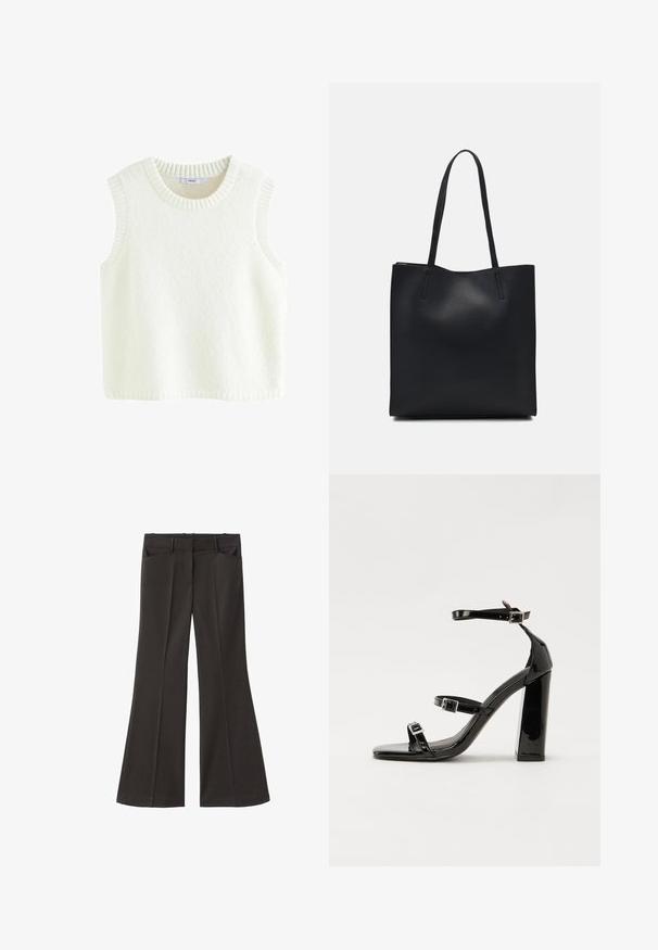 Pull sans manches blanc en tissu doux et texturé. Doté d'un col rond en côtes et d'emmanchures, avec un design épuré et simple.; Pantalons évasés noirs à taille haute ; dotés de deux poches avant et d'une texture de tissu lisse. Adaptés à diverses occasions.; Sandales à talons vernies noires avec un bout carré, des sangles autour de la cheville et des boucles en argent. Dotées d'un talon bloc épais pour plus de stabilité.; Sac fourre-tout en cuir noir avec une texture lisse, de forme rectangulaire et deux longues poignées. Pas de matériel ou d'ornementations visibles.