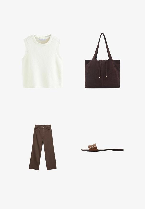 Pull sans manches blanc en tissu doux et texturé. Doté d'un col rond en côtes et d'emmanchures, avec un design épuré et simple.; Jean brown à jambes larges en denim, doté d'une taille haute, de poches avant et d'une fermeture à bouton classique. Texture lisse avec des coutures subtiles.; Sandale à glisser en cuir marron avec une semelle plate, dotée d'une large sangle et d'accents géométriques blancs pour un design minimaliste.; Mango Cabas - dark brown