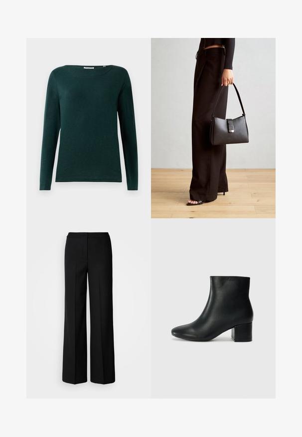 Dark green long-sleeve shirt with round neckline and simple design, displayed on a white background.; Black wide-leg trousers with a smooth fabric, featuring a high waist, tailored seams, and a minimalist design. No visible hardware or pockets.; Black leather ankle boots with a pointed toe and a chunky heel. Smooth texture with minimal accents and a sleek, fitted design.; Black handbag with structured shape, smooth texture, and a metallic clasp. Paired with wide black pants and open-toe sandals on wooden floor.