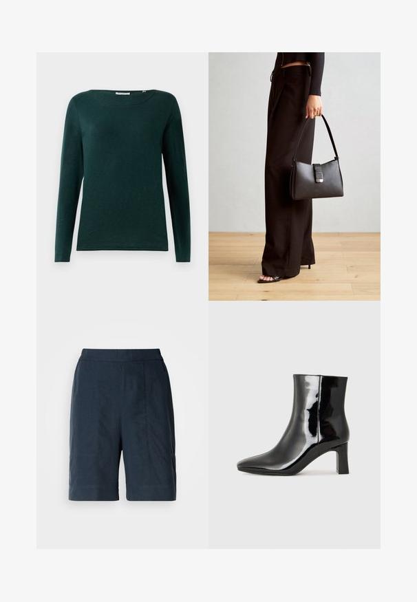 Cămașă lunga de culoare verde închis, cu mâneci lungi, guler rotund și design simplu, expusă pe un fundal alb.; Șorturi bleumarin dintr-un material ușor, cu croială dreaptă, două buzunare frontale și detalii subtile de cusătură.; Botine negre din piele lacuită, cu vârful ascuțit și toc bloc de înălțime medie. Textură netedă și design minimalist.; Genți negre cu o formă structurată, textură netedă și un închizător metalic. Asortată cu pantaloni negri largi și sandale cu vârf deschis pe un podea din lemn.