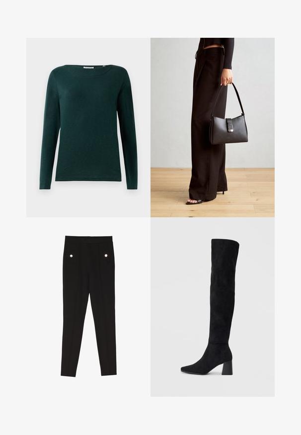 Mørkegrønn langermet skjorte med rund hals og enkelt design, vist på hvit bakgrunn.; Sorte skreddersydde bukser med en glatt tekstur, som har to frontlommer med dekorative maskinvaredetaljer, og en slim-fit design.; Sorte semskede knelang støvel med blokk-heelsk, spiss tå og glatt, sømløst design på en ensfarget lys bakgrunn.; Svart håndveske med strukturert form, jevn tekstur og metallisk lås. Kombinert med brede svarte bukser og sandaler med åpen tå på tregulv.