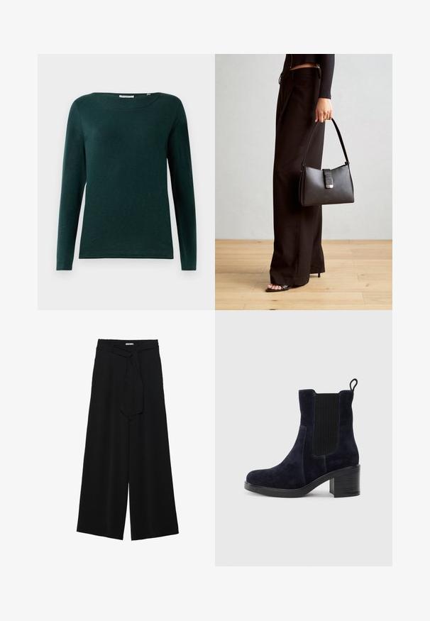 Mørkegrønn langermet skjorte med rund hals og enkelt design, vist på hvit bakgrunn.; Svart vide bukser med teksturert stoff, elastisk midje og avtagbart belte som gir justerbar passform.; Mørkeblå skinn ankelsko med elastisk sidepanel, avrundet tå og blokkhelt. Tekstilt stoff og glatt såle gir kontrast.; Svart håndveske med strukturert form, jevn tekstur og metallisk lås. Kombinert med brede svarte bukser og sandaler med åpen tå på tregulv.