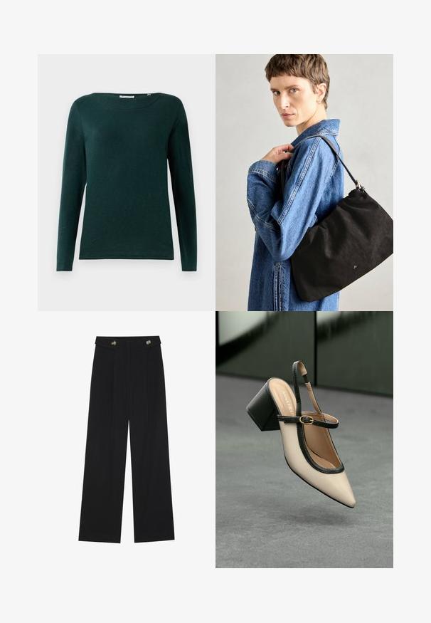 Dark green long-sleeve shirt with round neckline and simple design, displayed on a white background.; Black wide-leg trousers with high waist, button details on waistband, and front pleats.; Beige pointed-toe slingback shoe with black trim, gold buckle, and a chunky block heel on gray floor with dark green background.; Black suede handbag with a soft, structured shape, featuring a slim leather strap and subtle brand logo. Model wears a denim jacket.