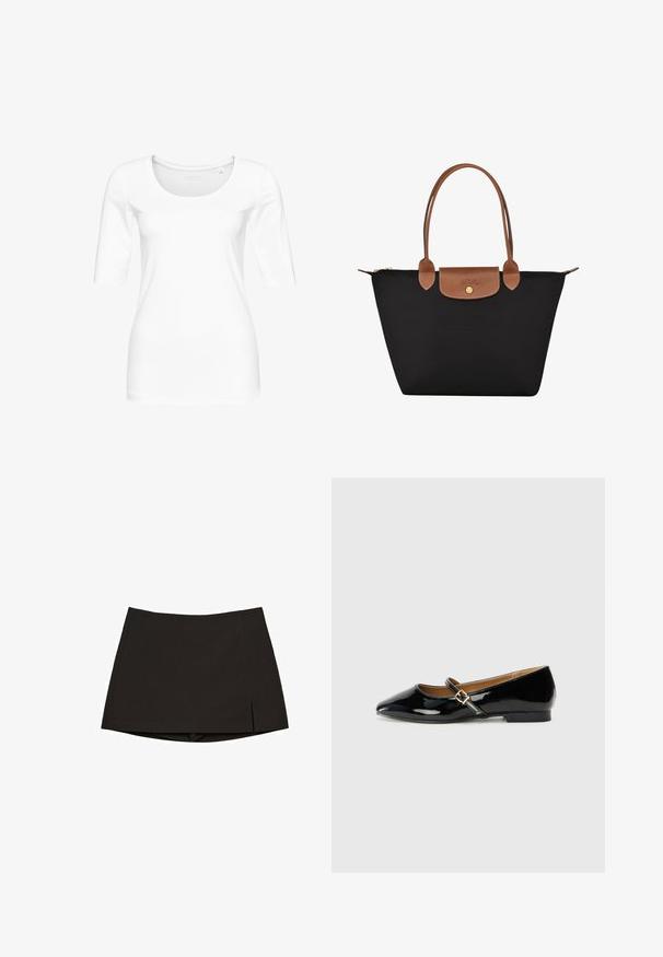 Weißes, eng anliegendes T-Shirt aus weicher Baumwolle mit einem runden Halsauschnitt und Dreiviertelärmeln. Glatte Textur, keine sichtbaren Muster oder Akzente.; Schwarzer Minirock aus glattem Stoff, mit geradem Schnitt, Seitenschlitzen und sauberem Saum. Einfach und vielseitig.; Schwarze Lackleder-Ballerinas mit spitzem Zehenbereich, einem Knöchelriemen mit goldfarbener Schnalle und niedrigem Blockabsatz. Glatte, glanzvolle Oberfläche.; Schwarze Nylon-Tote-Tasche mit braunen Lederakzenten und -griffen. Verfügt über einen Druckverschluss und eine Fronttasche mit einem Logo-Detail.