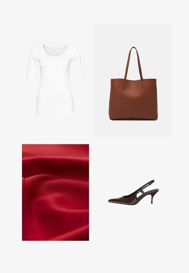 Weißes, eng anliegendes T-Shirt aus weicher Baumwolle mit einem runden Halsauschnitt und Dreiviertelärmeln. Glatte Textur, keine sichtbaren Muster oder Akzente.; Roter Stoff, strukturierte Oberfläche mit glatter Oberfläche, zeigt sanfte Falten und subtilen Glanz. Das Gewebe ist durchgehend dicht und gleichmäßig.; Braune Lackleder-Slingback-Pumps mit spitzem Zeh, offenen Ausschnitten und dünnem Absatz. Mit verstellbarem Schnallenriemen.; Braune Leder-Tote mit glatter Textur, offenem Oberteil und zwei Schulterriemen. Verfügt über minimale Nähte und keine sichtbaren Beschläge.