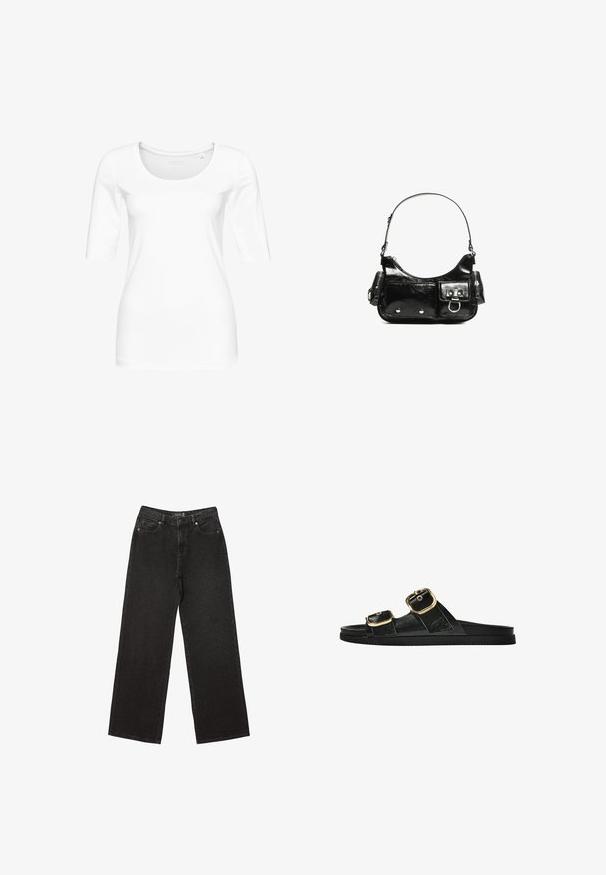 Biała, dopasowana koszulka z miękkiej bawełny, z okrągłym dekoltem i rękawami o długości trzech czwartych. Gładka struktura, bez widocznych wzorów czy akcentów.; Czarne dżinsy o szerokich nogawkach, wykonane z denimu, w małe kropeczki, klasyczny pięć kieszeniowy fason oraz zapięcie na guzik i suwak.; Czarne klapki z dwoma złotymi klamrami, gładki materiał, płaska podeszwa i minimalistyczny design.; Czarna torebka z lakierowanej skóry o zaokrąglonym kształcie, z jednym paskiem na ramię, przednimi kieszeniami i akcentami w kolorze srebrnym.